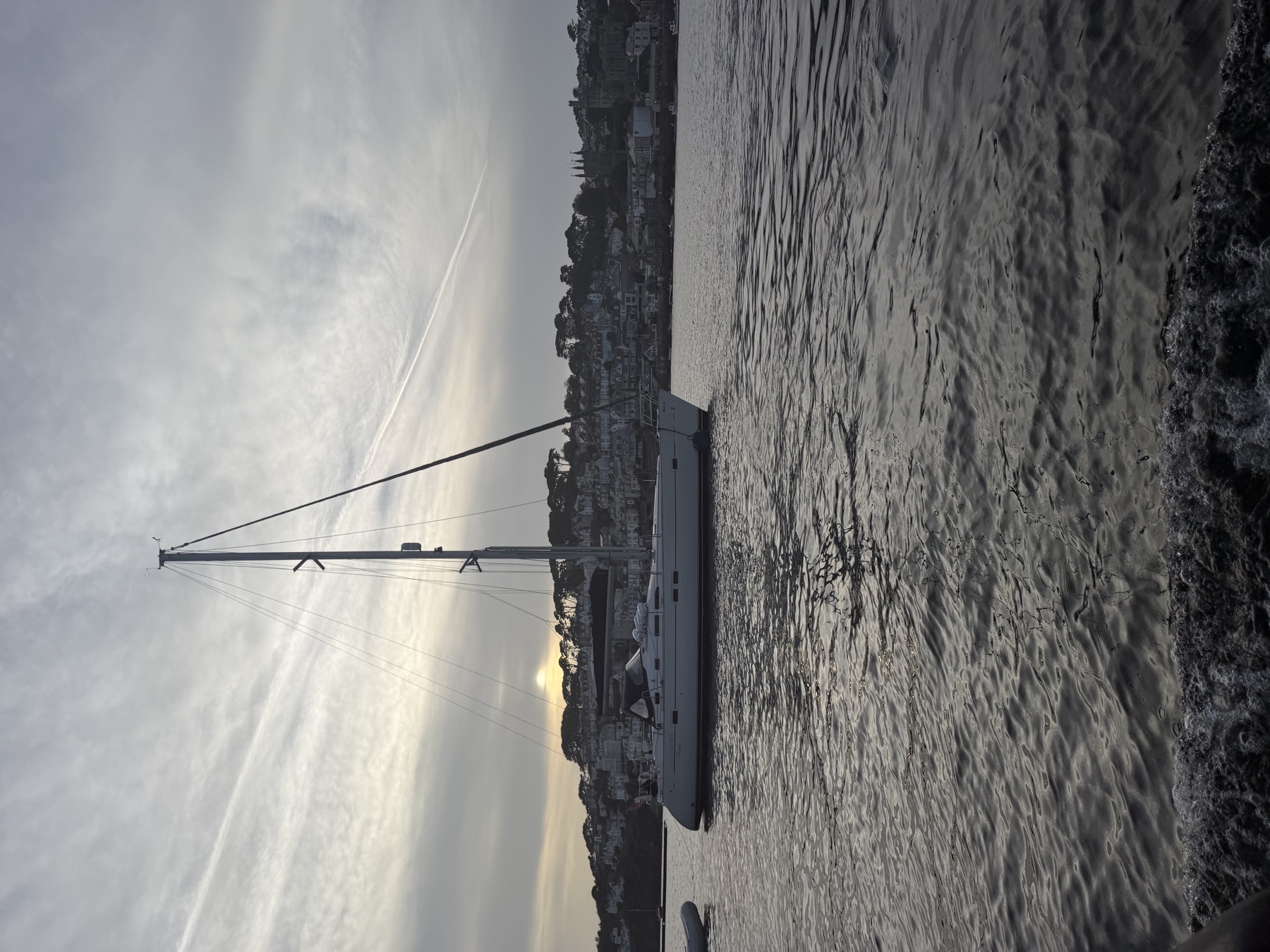 Phoebe Jo resting on the water in soft evening light, with her mast silhouetted against the sky